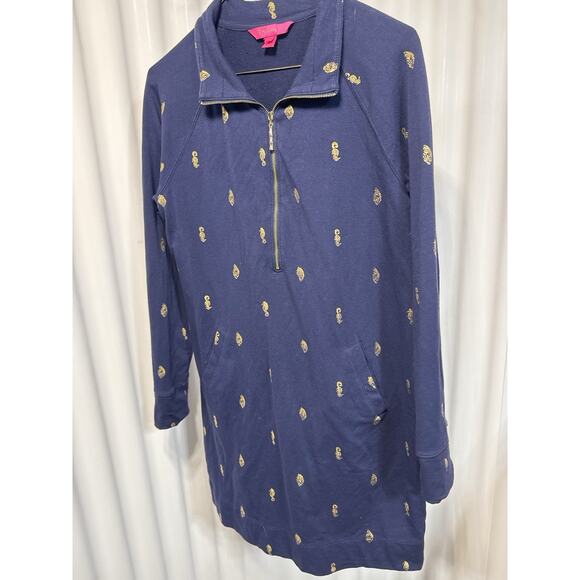 Lilly Pulitzer UPF 50+ Skipper Ruffle Dress Navy Seahorse Shift Cotton Medium - Picture 1 of 6